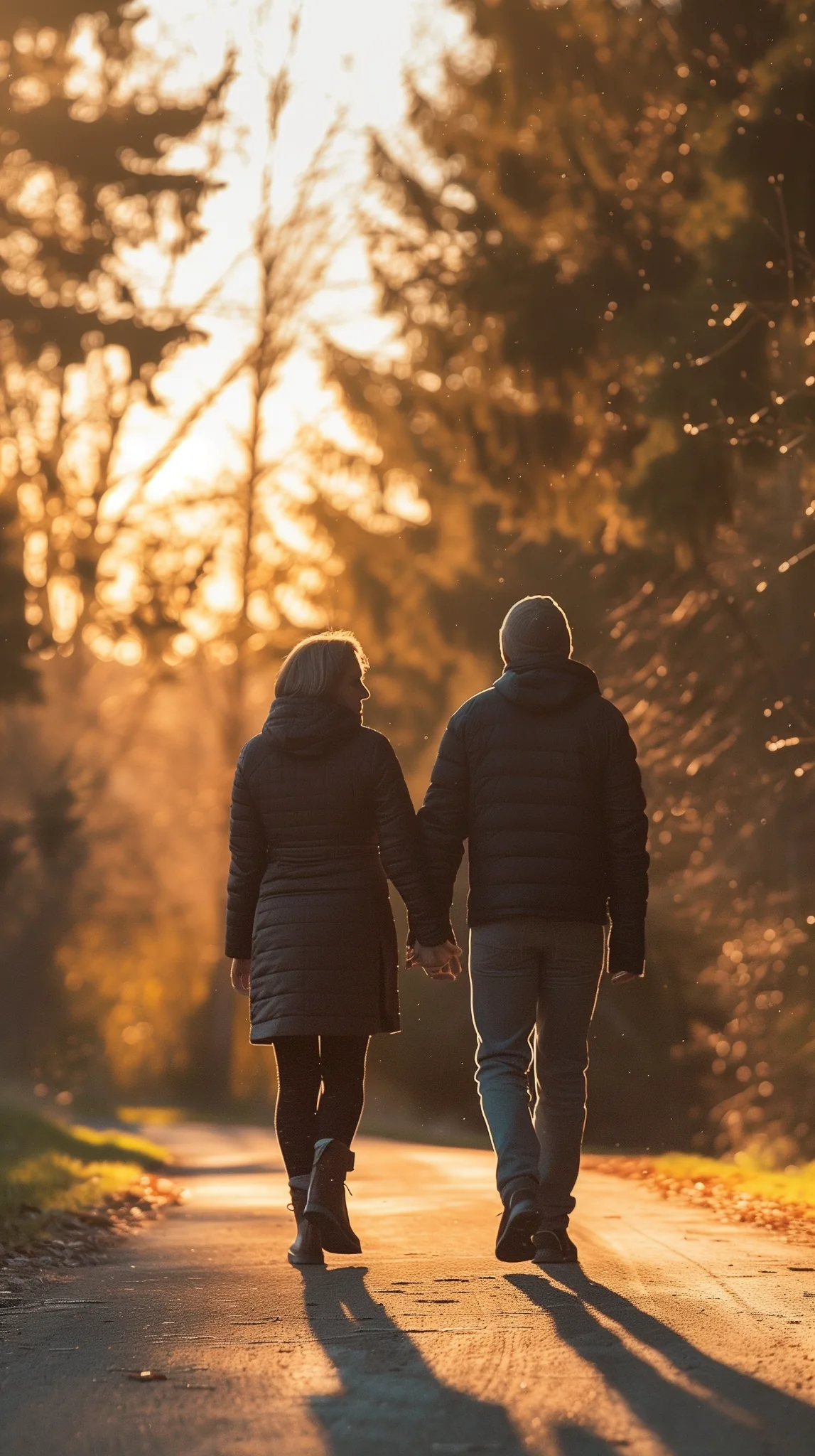 Two people walking hand in hand along a tree-lined path at sunset in Prince George, British Columbia.